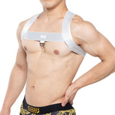 Metromalewear steel harness chest strap in silver metallic with adjustable shoulder straps and central d-ring attachment