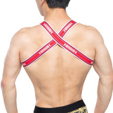 Red and white striped cross-back athletic supporter with bold million branding metro male wear brutal harness red