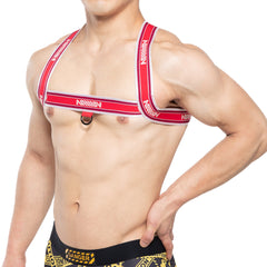 MetroMalewear brutal harness red with white stripes featuring a black metal ring center for secure fit