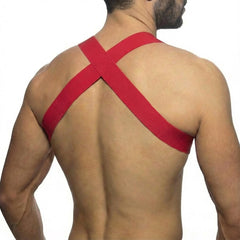Red cross-back elastic strap harness in vibrant red by MetroMaleWear showing the back side of the garment