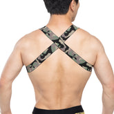 Back view of metromalewear military harness featuring camouflage-patterned elastic straps for secure fit