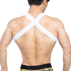 Back view of the white cross-back athletic support strap metroMalewear danger harness 1400-63 for secure fit