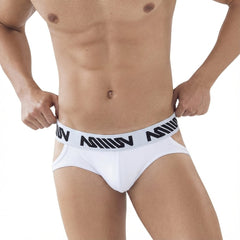 White miu miu branded briefs with a black logo band featured in the metropolitan eyewear carioca jock strap collection