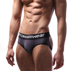 Black athletic briefs with white stromalewear logo on waistband from metro malewear carioca jock strap charcoal 1401-11