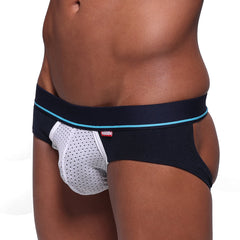 Black and white mesh briefs with blue trim and anvil waistband label featured in MetroMaleWear Carioca Jock Strap Navy 1401-28