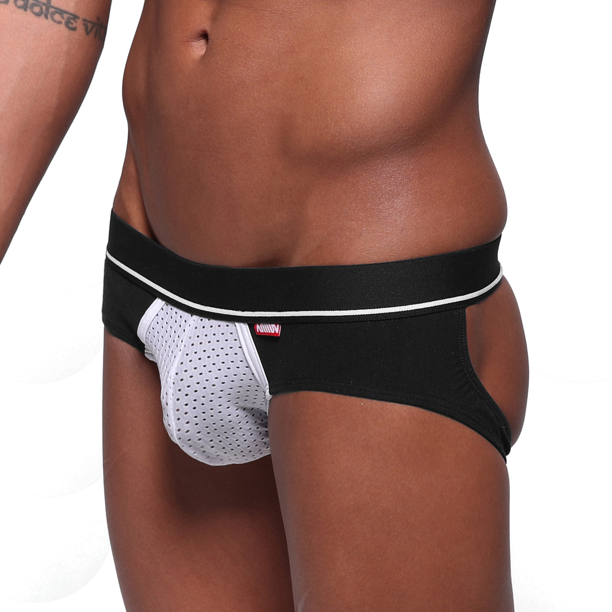 Black and white mesh briefs with red anindy logo on waistband from MetroMaleWear Carioca jock strap black 1401-30