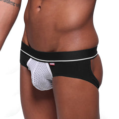 Black and white mesh briefs with red anindy logo on waistband from MetroMaleWear Carioca jock strap black 1401-30