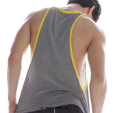 Back side of a MetroMaleWear gym tank top grey 3128-10 gray muscle tank with yellow trim and cutout back