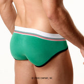 MetroMaleWear 365 hip brief green with white waistband striped red and blue, black trim for comfortable everyday wear