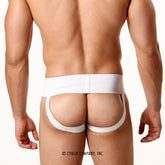 White seamless high-waisted briefs with supportive back panel and leg straps from metromalewear rib cotton classic jock strap