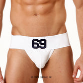 White cotton rib classic jock strap with bold black 69 logo on waistband by metamalewear