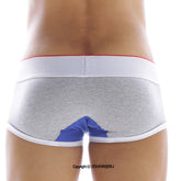 Back side of metroMaleWear 69ers boxer grey 7014-10 gray heathered briefs with white elastic waistband red trim and blue design
