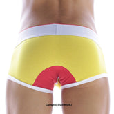 Bright yellow metro male wear 69ers boxer briefs with bold red semi circular back design and white trim on waistband and legs