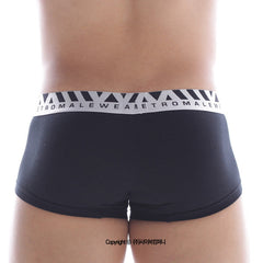 Black metroMalewear cotton short boxer briefs with white elastic waistband and diagonal stripe logo pattern