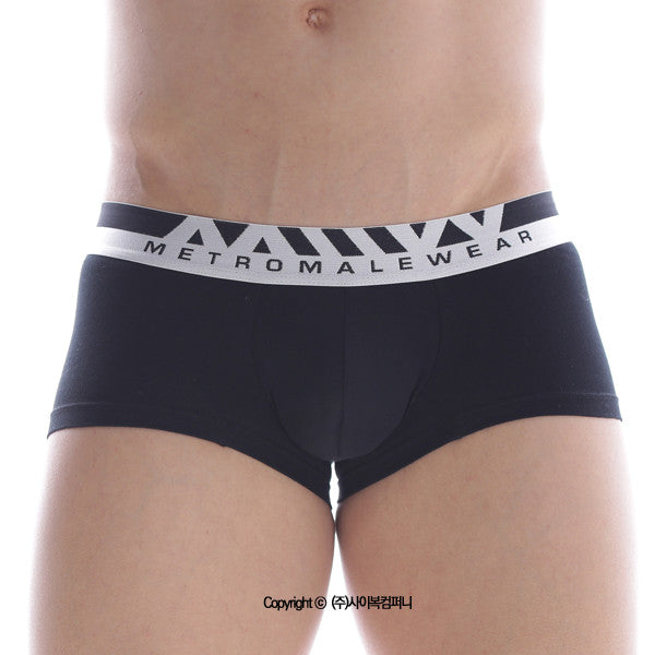 Black cotton metro malewear briefs with white logo waistband and geometric triangle patterns 7 inch boxer shorts
