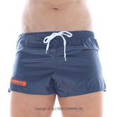 Navy blue MetroMaleWear Iron Sports Short 4703-28 swim trunks with white drawstring and orange logo patch