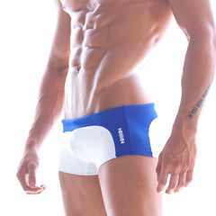 Blue and white swim trunks with a sleek modern design MetroMaleWear Arc Swim Boxer Royal 4925-18 front view