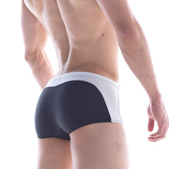 Black and white MetroMaleWear Arc swim boxer with sleek, form-fitting design ideal for athletic use