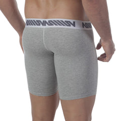 Gray heathered boxer briefs with white elastic waistband and dark gray madison logo from metromalewear core midcut line