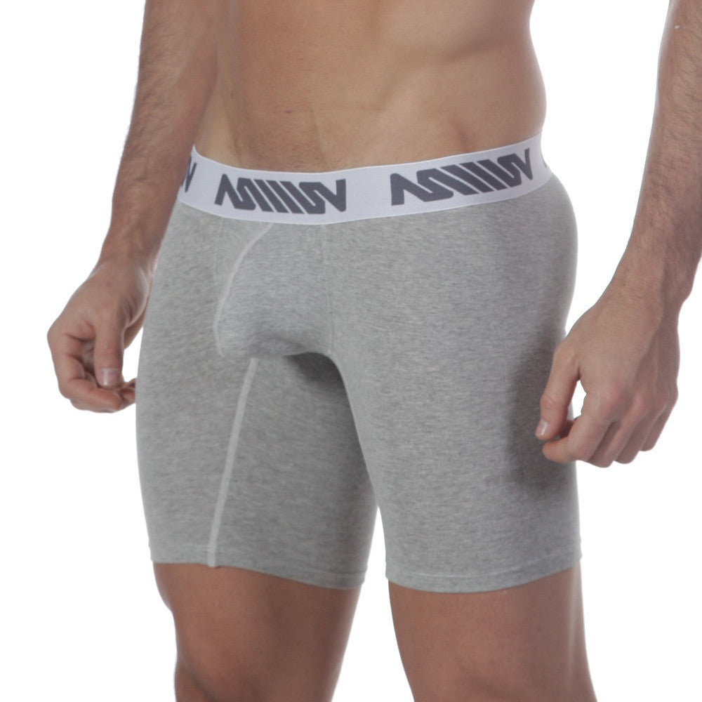 Gray heathered MetroMaleWear Core midcut boxer briefs with white elastic waistband and dark gray logo pattern