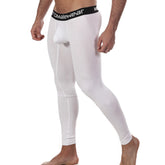 White tomalewear men’s compression tights with black waistband and white metroMalewear branding in cotton long john style