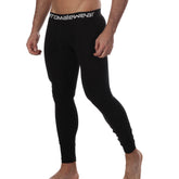 Black romalewear cotton leggings with snug fit and white branding on waistband from MetroMaleWear perfect scene line