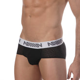 MetroMaleWear active mesh hip brief black 5006-20 features black mesh fabric and white waistband with gray logo text