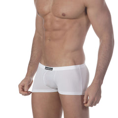 White men’s briefs metro male wear enhancement boxer with black brand label on waistband in white fabric