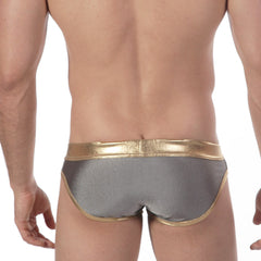 MetroMaleWear empire swim brief charcoal gray metallic fabric with shiny gold waistband and trim front view