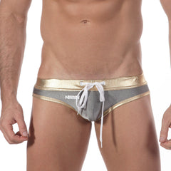 Silver and gold metallic swim trunks with white drawstring from MetroMaleWear empire swim brief charcoal 4920-11