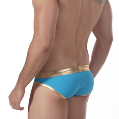 MetroMaleWear Empire swim brief in bright blue with shiny gold waistband and trim for stylish poolside wear