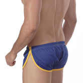 Blue athletic soccer shorts with yellow trim and mesh fabric design metro male wear royal 4705-18