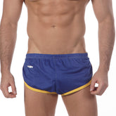 MetroMaleWear soccer split short royal mesh shorts with yellow trim and white logo on the left leg