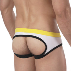 MetroMaleWear bare lowrise jock strap in white black and yellow with a cutout design for comfortable support
