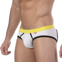 MetroMaleWear bare lowrise jock strap white briefs with bright yellow waistband black trim and red logo on side