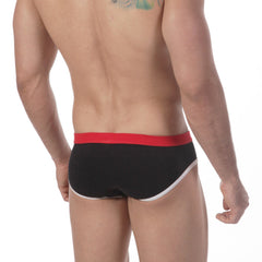 MetroMaleWear bare lowrise brief black with red waistband and white trim designed for comfort and style