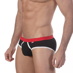 MetroMalewear Bare lowrise brief in black with a red waistband white trim and puma logo on the side