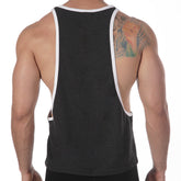 Black muscle tank top with white trim and cutout sides from MetroMaleWear for gym workouts charcoal 3128-11