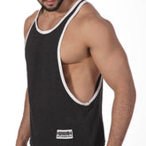 Back view of black muscle tank top with white trim and cutout back by aquan metrogalwear for gym workouts