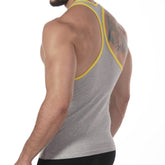 Gray athletic tank top with yellow trim along neckline and armholes from MetroMaleWear basic tank top collection