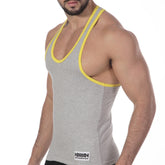 MetroMaleWear basic tank top grey heathered fabric with bright yellow trim along neckline and armholes