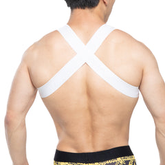 White cross-back support strap harness worn over the shoulders from MetroMaleWear tank top harness 1500-00 back view