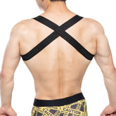 MetroMalewear tank top harness black showing back side with black cross-back support strap and m2 branding