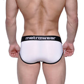 White metrewear briefs with black trim and waistband from MetroMaleWear max bulge brief 1503-00 product line