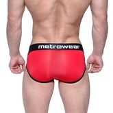 Red metrowear max bulge briefs featuring black trim and waistband designed for comfort and support
