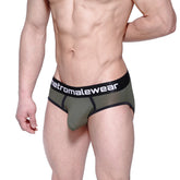 Olive green mesh max bulge briefs with black trim and metromalewear logo band for comfortable support