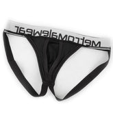 Black mens briefs with white waistband featuring meltom logo in black from metro malewear max bulge jock strap black 1511-20