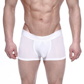 White sheer metro malenwear max bulge boxer briefs with solid white waistband and leg openings
