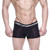 Black mesh metro male wear max bulge boxer brief with white logo waistband in breathable fabric