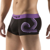 Black microfiber boxer briefs with purple waistband and abstract side graphic by papi in size small